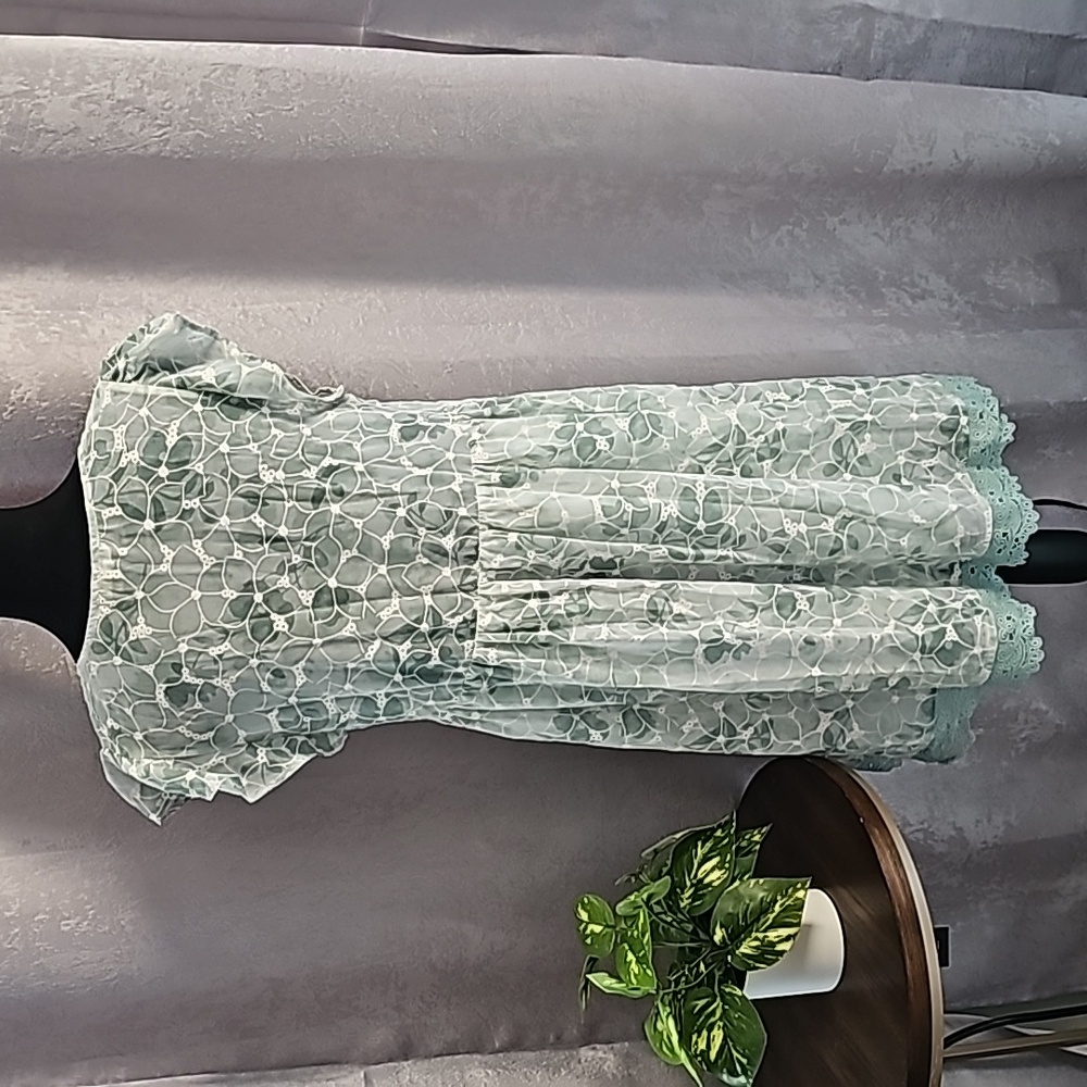 Mint Floral Lace-Trim V-Neck Dress - Picture 5 of 5